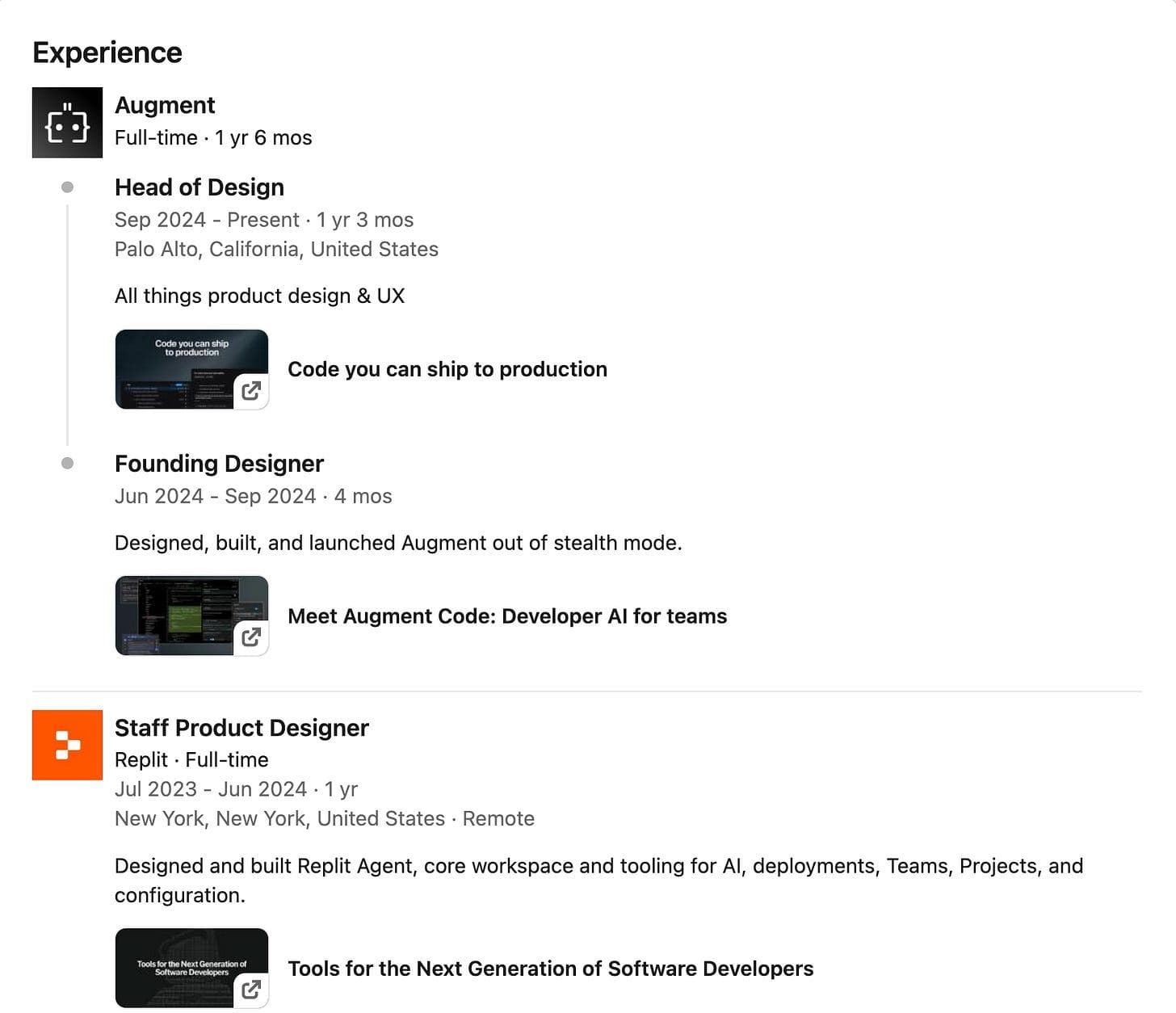 A concise LinkedIn experience section with role summaries and linked work examples